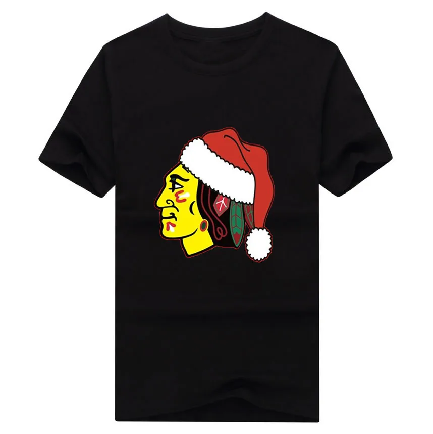 2017 merry Christmas Red Hat Chicago Logo T Shirts For Blackhawks Man font b t shirt