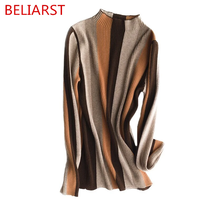 

Autumn and Winter New Women Short Section Of the Semi-high Collar Long Sleeve Hit Color Stripes Shirt shirt Pullover Sweater