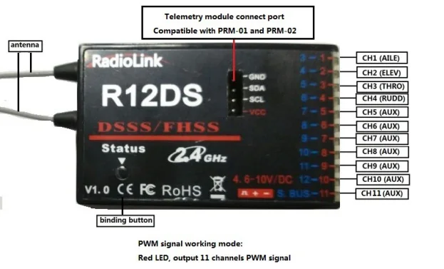 RadioLink R12DS приемник 12CH 12 канал 2,4 ГГц цифровой приемник для AT10 передатчик воздушный Дрон устройство для фотографирования