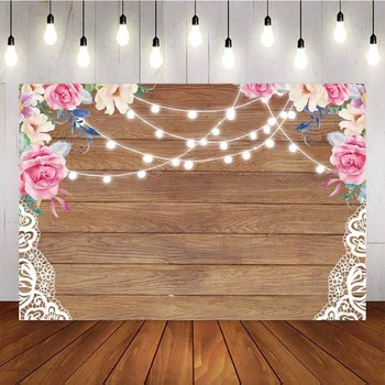 

NeoBack Rural Wedding Children Birthday Background Wooden Board Tropical Lace Plants Flowers Glitter Light Photography Backdrop