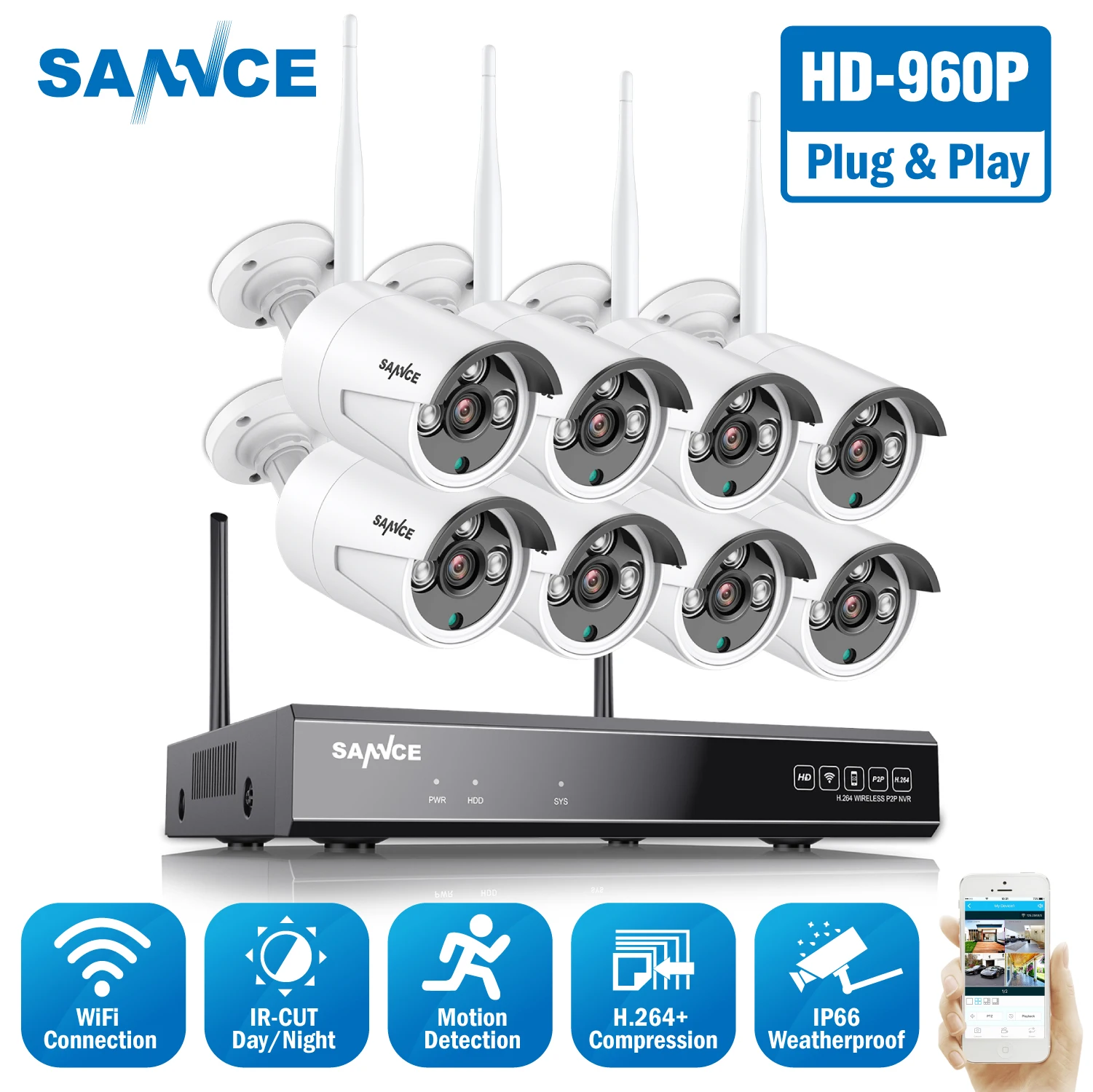 

SANNCE 8CH HD 960P Wireless Video Security System 1080P HDMI NVR With 8PCS 1.3MP Outdoor Weatherproof WIFI IP Cameras CCTV Set