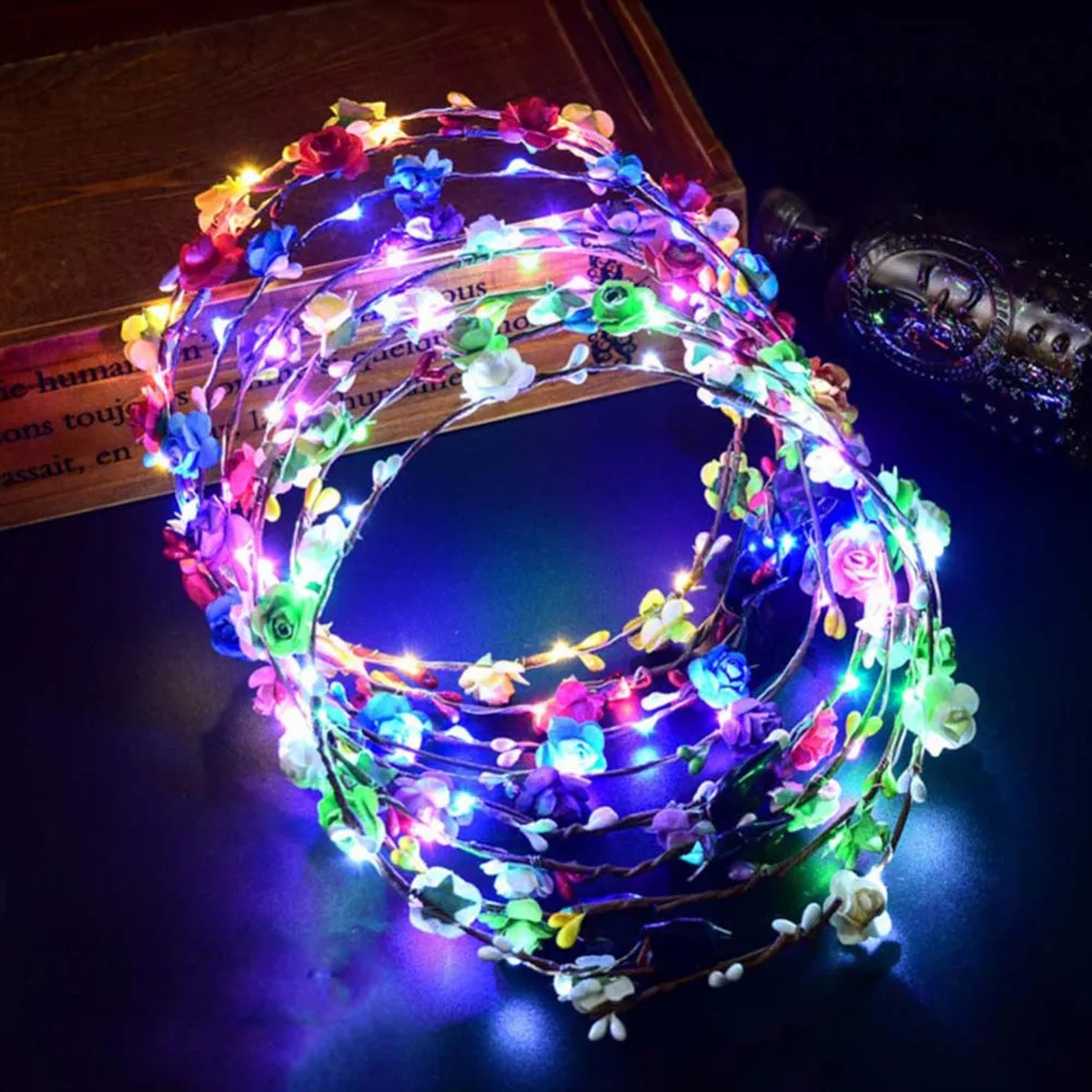

Wedding Party Crown Flower Headband LED Light Up Hair Wreath Hairband Garlands Women's Christmas Glowing Wreath