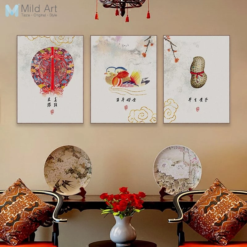 

Chinese Traditional Mandarin Duck Peanut Posters Prints Oriental Living Room Wall Art Picture Wedding Decoration Canvas Painting