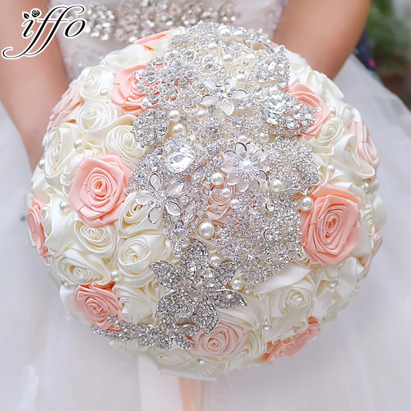 Bridal Flower Bouquet Beaded Tulle Posy Holding Ribbon Brooch Wedding Supplies 