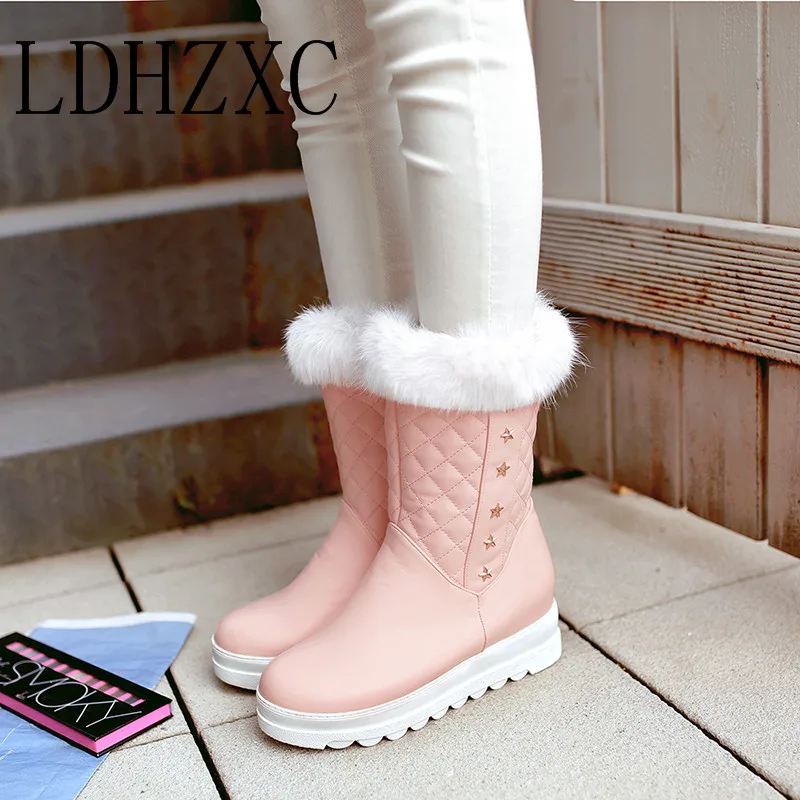 LDHZXC Pu Leather Women Mid-calf Boots Fashion Slip on Wedges Heel Fashion Winter Boots Women Boots Big Size 34-43