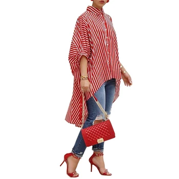 

2018 Women Batwing Sleeve Striped Casual Button Down Front Asymmetric Hem Oversized Shirt Blouse Tunic