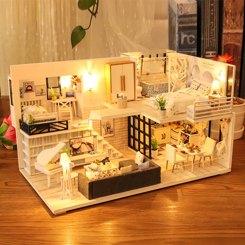DIY Puppenhaus Holz Miniatur 3D Möbel Kit mit LED-Licht Musik Mädchengeschenk 