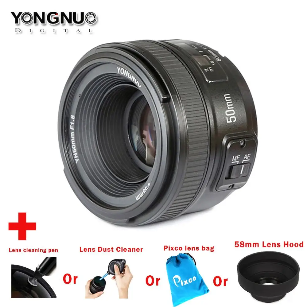 Yongnuo 50mm F1.8 1:1.8 Standard Prime Lens Auto Manual Focus AF MF for Nikon Camera Cleaning Kits Pen Lens Bag 58mm Lens Hood