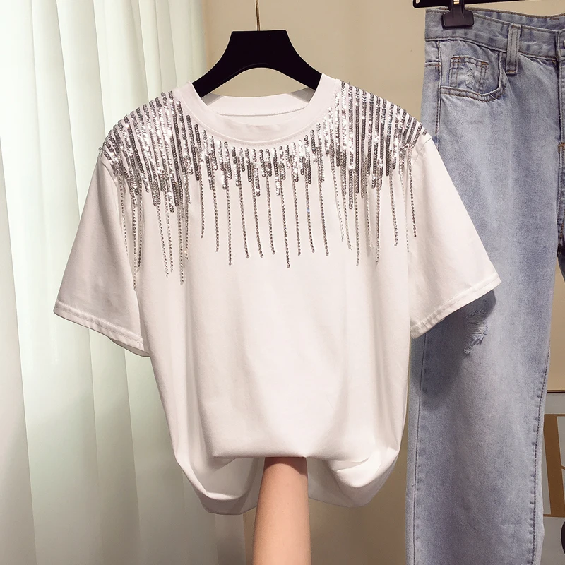 Летняя женская футболка с коротким рукавом, свободная футболка с блестками и кисточками, повседневные хлопковые топы