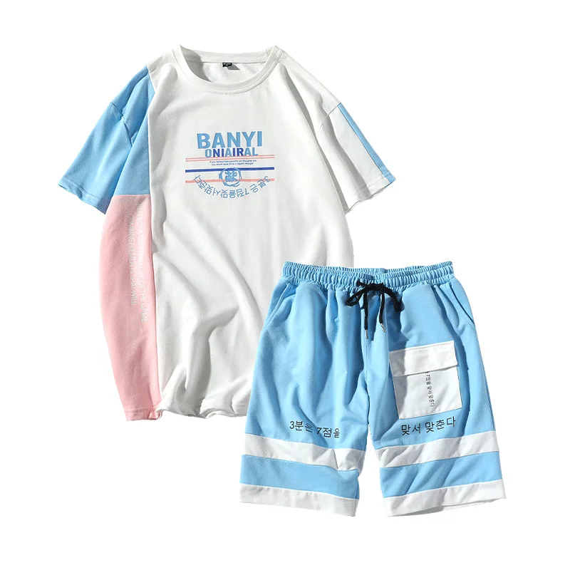 Rlyaeiz High Quality 2019 Summer Men Tracksuit Sets Casual Color Patchwork Letter Printed T shirts + Shorts Male Sporting Wear | Мужская