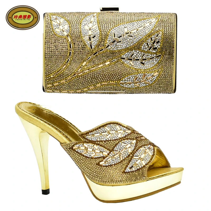 DS15 High Quality Gold Rhinestone Bridal Wedding Evening Shoes And Bag