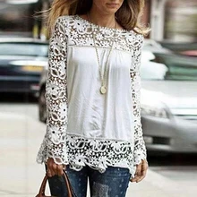 Fashion wanita Renda Lengan Panjang kemeja Sexy lihat-melalui Crochet Blouse Top