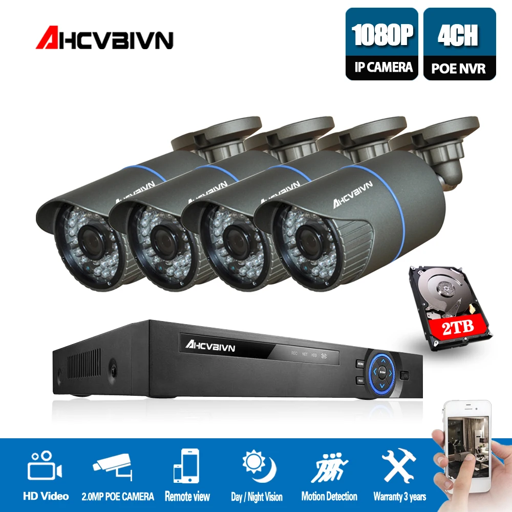 

H.264 4CH 1080P POE System 3.6mm Lens 2.0MP IP Camera IR Outdoor Video Security Surveillance Kit HDD Optional