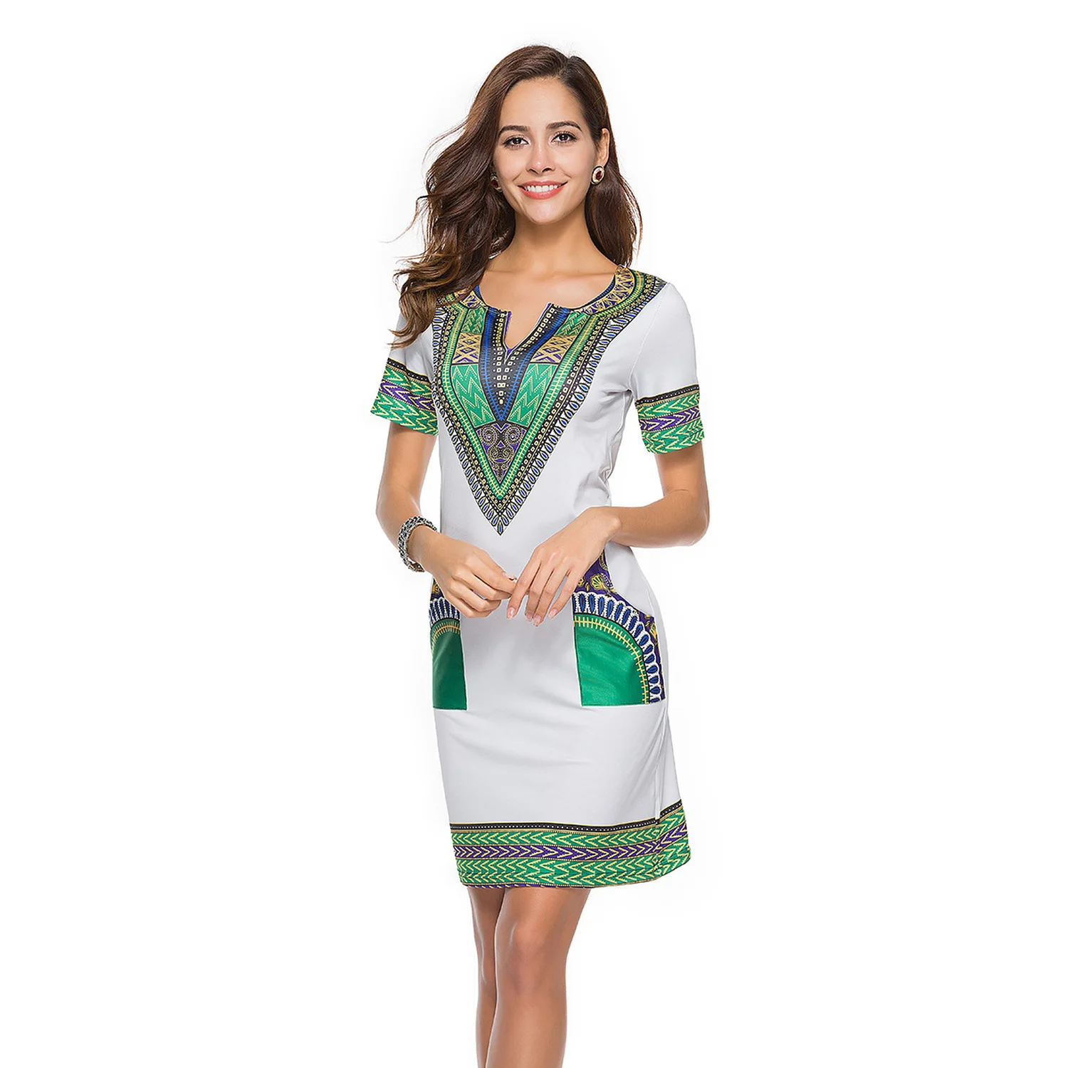 

2019 Spring Summer Boho Style Printing Dress New Vestido Multi-Color Short Sleeve S-3XL Cute Pocket Dresses Bohemian Tight Dress
