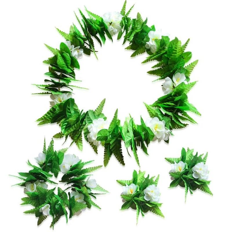 4pcs/set Hawaiian Flower Garland Set Lei Luau Hula Fancy Dress Beach Part Flower Garland Necklace Headband Bracelet Wristband