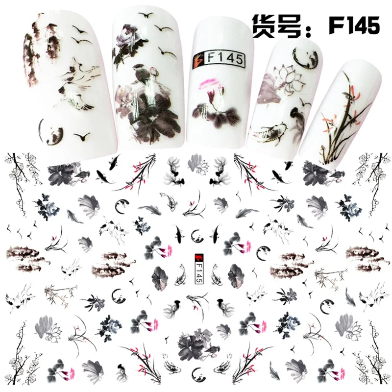 

1 Sheet 3D Elegant Chinese Landscape Painting Style Fish Floral Bird Adhesive Nail Art Stickers Decorations DIY Salon Tips F145#