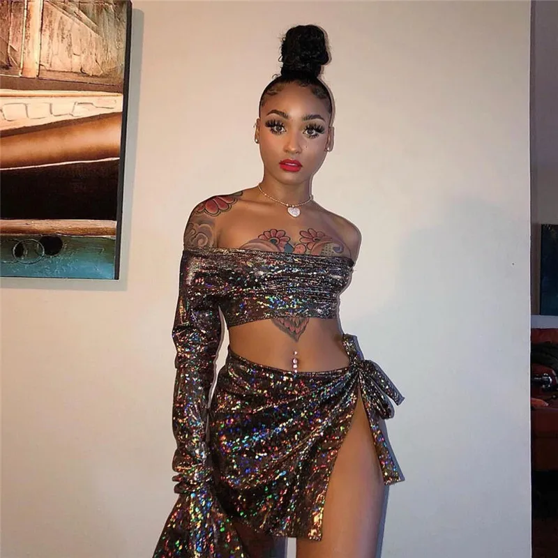 حزب Clubwear مثير سباركلي اثنين من قطعة مجموعة النساء مضيئة كم قبالة الكتف المحاصيل الأعلى والتنورة مجموعة مطابقة مجموعات Conjunto feminino حزب Clubwear مثير سباركلي اثنين من قطعة مجموعة النساء مضيئة كم قبالة الكتف المحاصيل الأعلى والتنورة مجموعة مطابقة مجموعات Conjunto feminino