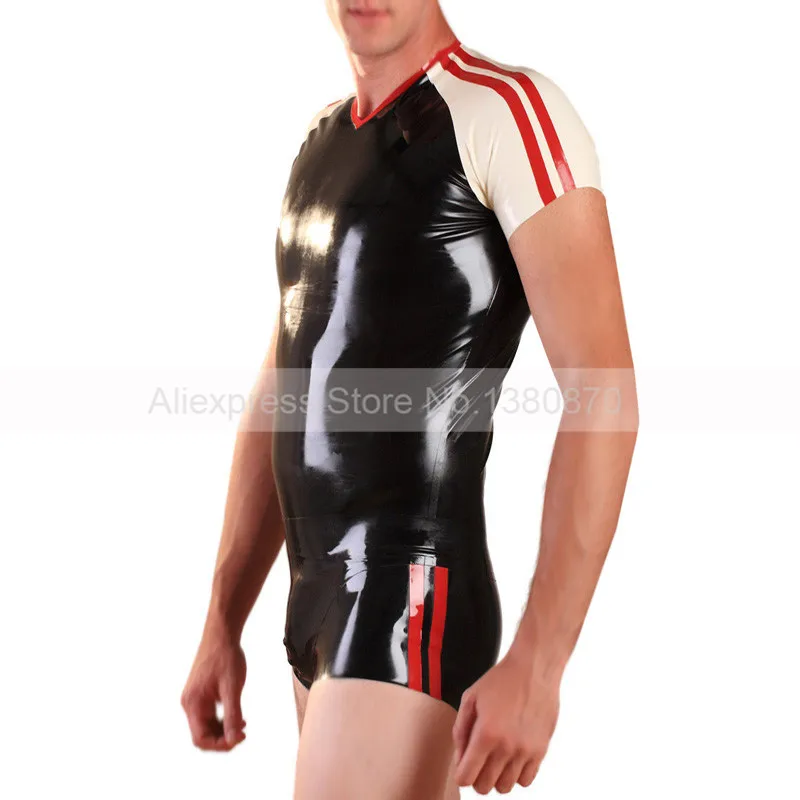 Latex Male Teddies Bodysuit Zentai One Set with Man Top Shirt and