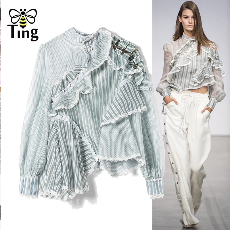 Tingfly взлетно посадочной полосы моды Стиль оборками блузки для малышек для женщин Повседневное полный Sleevess Асимметричные рубашки блузка уличная