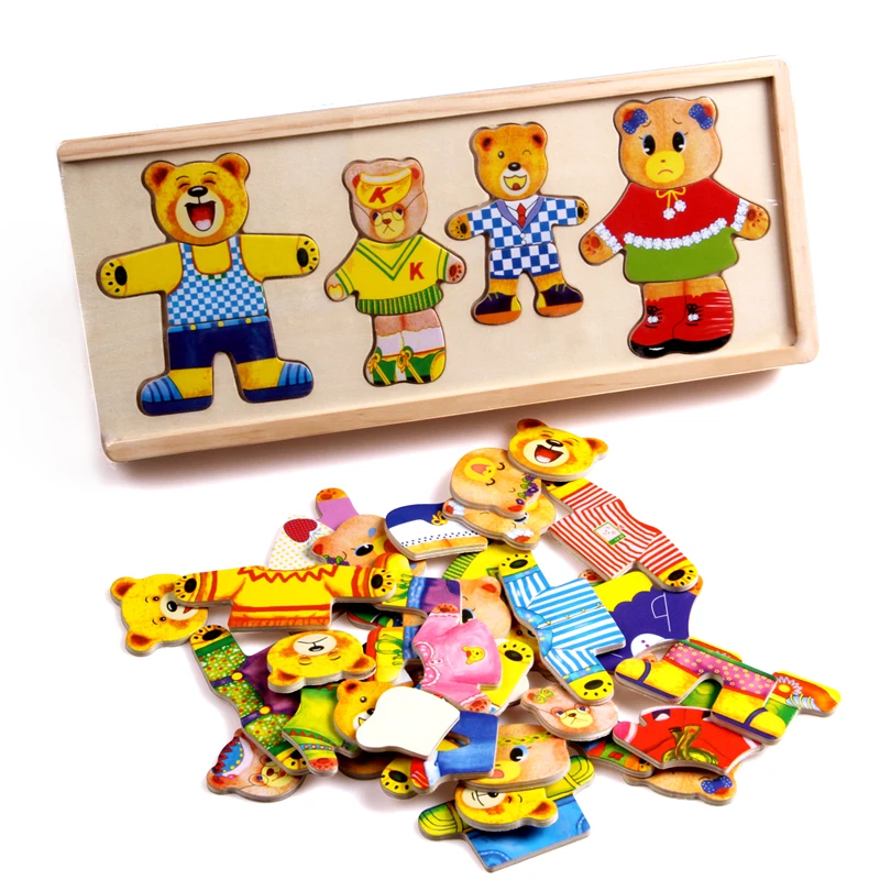 

72pcs Baby Wooden Cartoon Bear and Bunny Dressing and Dressing Jigsaw Puzzle Montessori educational toys for Children gift