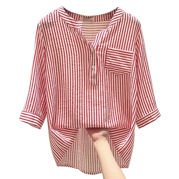 

Women Summer Fashion All-match Casual Loose Concise Striped Three Quarter Sleeve Shirts