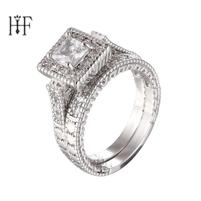 

Luxury Female Big Unique CZ Ring White Gold Filled Jewelry Vintage Wedding Ring Set Promise Engagement Rings For Women Anillos