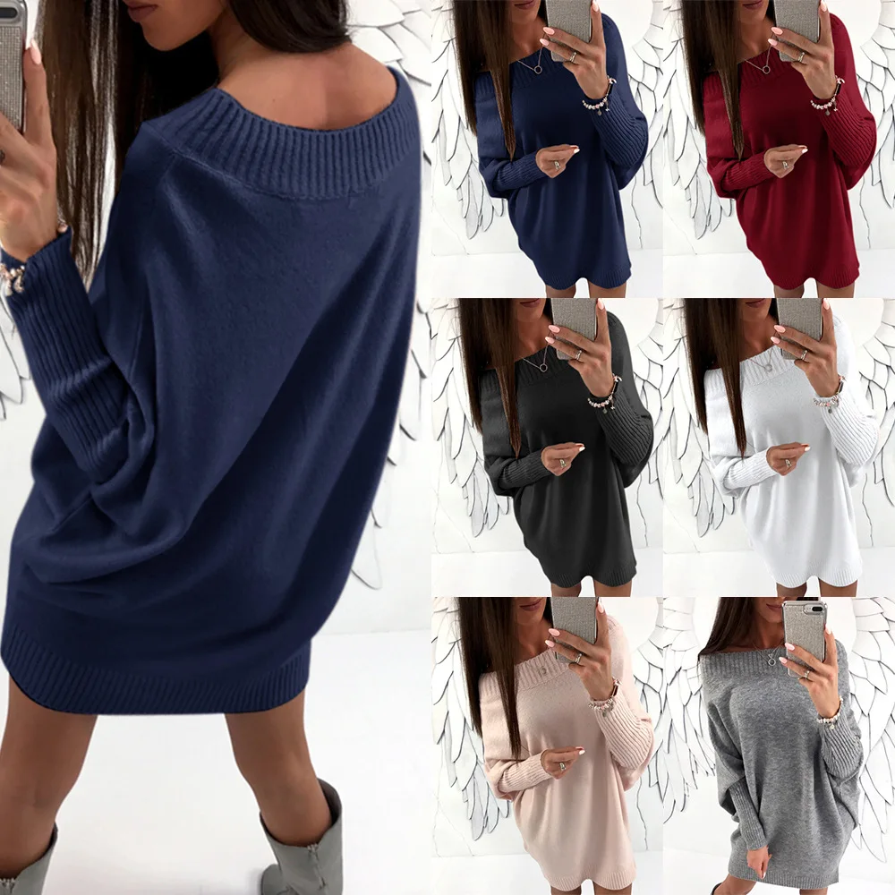 Winter Batwing Long Sleeve Loose Sweater Dress Casual Women Pullovers O