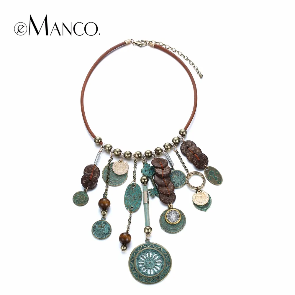 eManco Bohemia Ethnic Style Charms Suspension Necklace for Women Wood Beads Statement Vintage Pendants Choker Necklace