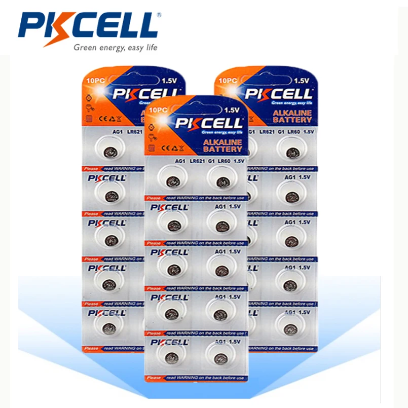 

PKCELL 30Pcs/3PK AG1 Button Cell coin Batteries Alkaline Battery 1.5V LR621 SR621 164 LR621W CX60 364A for car keys calculators