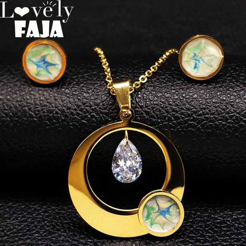 

2019 Fashion Crystal Stainless Steel Jewelry Sets Women Earings Necklace Gold Color Dubai Jewelry Sets pendientes mujer S178485