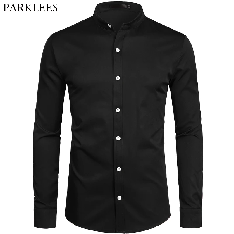 

Men's Banded Collar Slim Fit Long Sleeve Dress Shirts 2019 Brand New Button Down Business Office Work Camisa Masculina Black 2XL