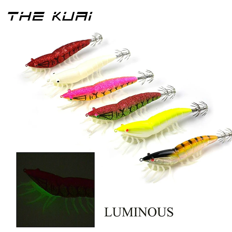 

THEKUAI 1pcs Squid Lures Lead Sinker Jigs Octopus Wood Shrimp Bait With Squid Hook Soft foot Luminous Fishing Lures