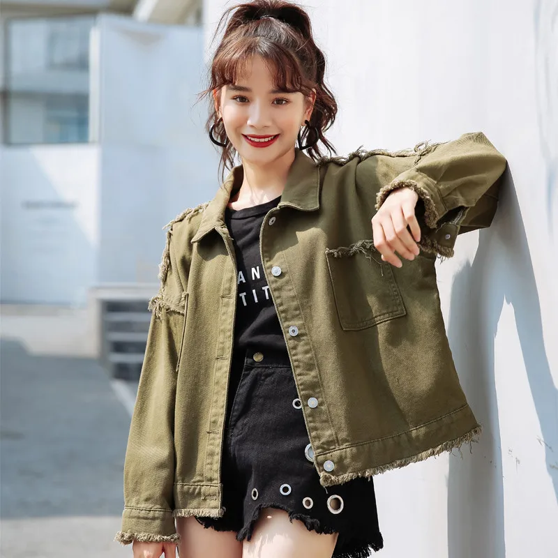 

Harajuku Denim Jacket Women 2019 New Spring Autumn Candy Colors Long Sleeve Outerwear Ladies Casual Frayed Tassel Jeans Coats