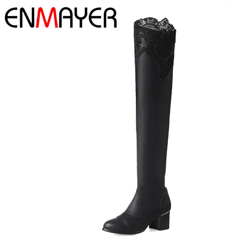 

ENMAYER Two Style Autumn Stretch Fabric Slip-on Tight Thigh High Boots and Knee High Boots Women Chraming Lace Pointed Toe Shoes