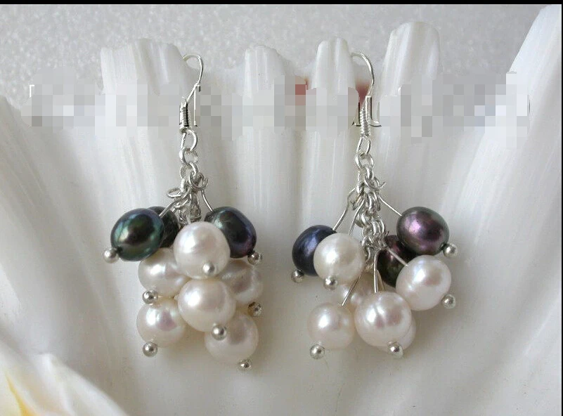

00 FREE SHIPPING dclassic baroque white black freshwater pearl dangle earrings silver s1418