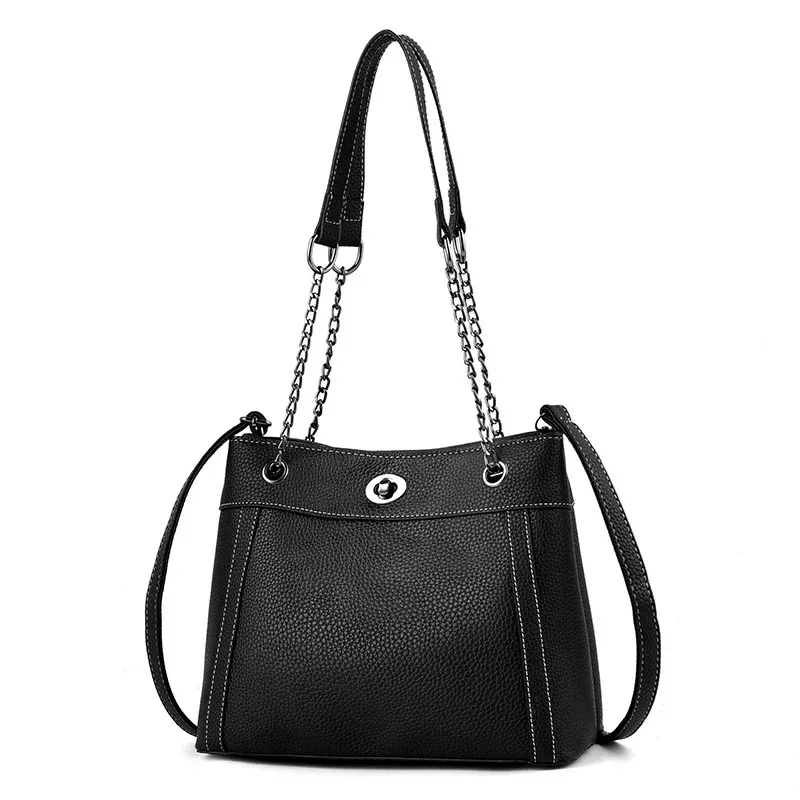 Women PU handbag black hardware easy matching girls patchwork shoulder