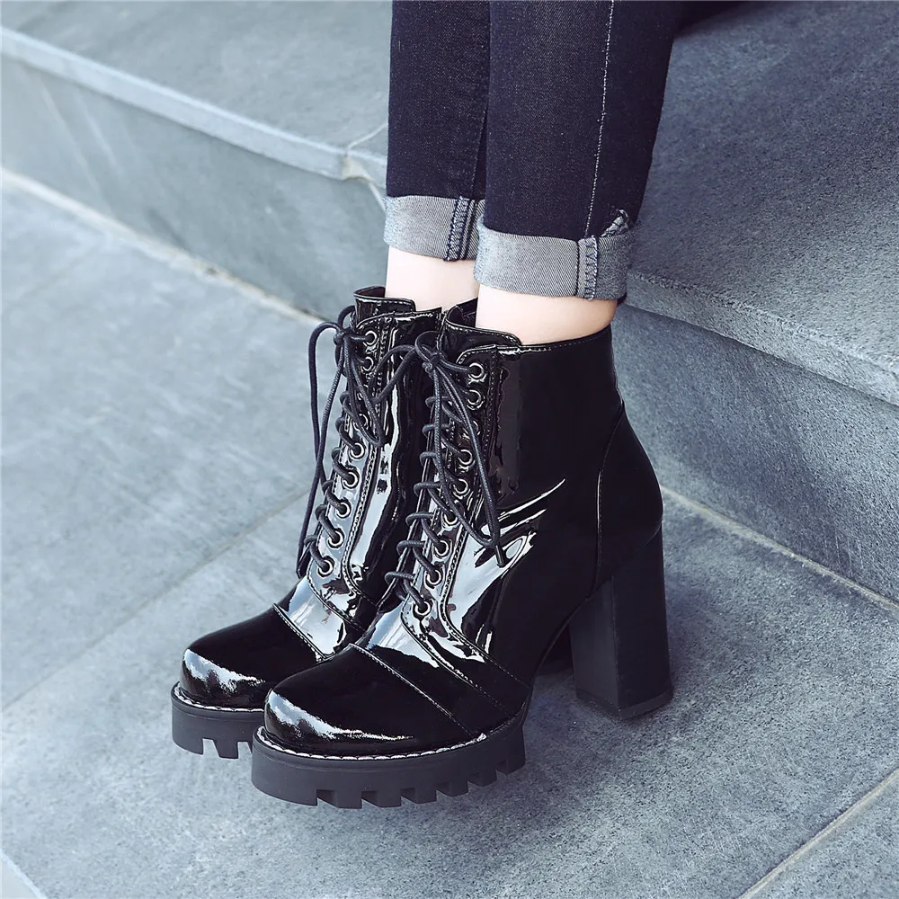 Prova Perfetto Brand Design Black ankle Boots Women Lace-up Real Leather Platform Shoe Woman Party Ankle Boots High Heel Boots