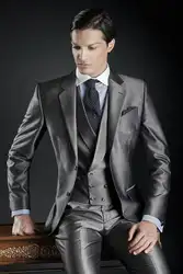 Модные Стиль две кнопки Серый Жених Смокинги для женихов Для мужчин свадебные костюмы для выпускного Жених (куртка + Брюки для девочек +