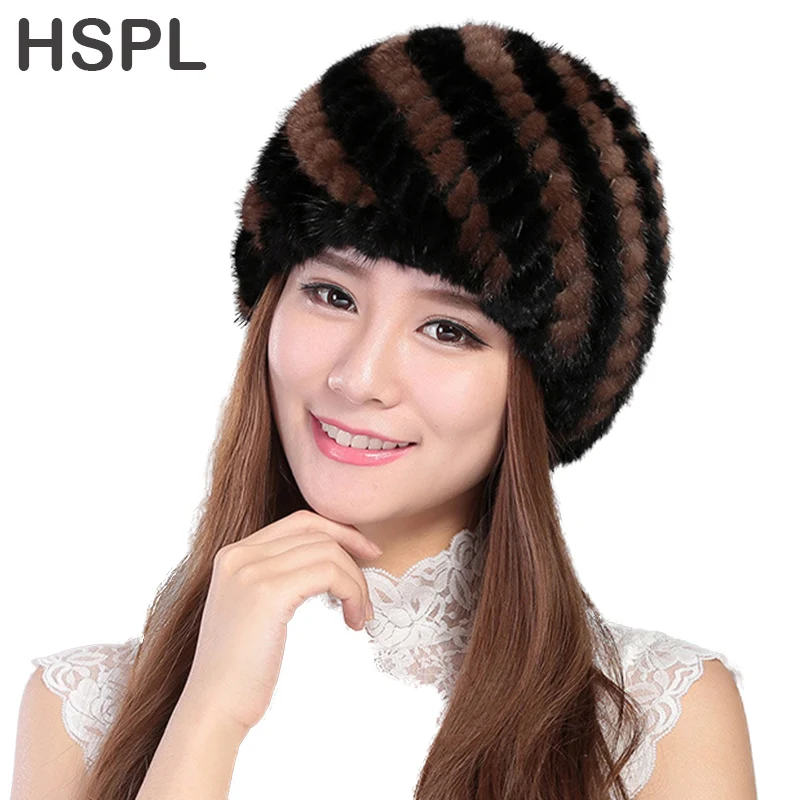 HSPL Fur Hat Guarantee 100 Natural Mink Fur Cap Women Knitted Black