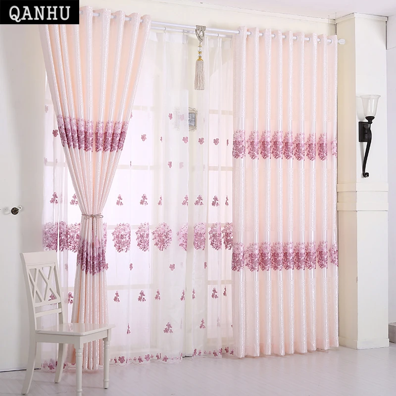 

QANHU White / Pink / Rustic Style printed flower Bird Curtains For Balcony Living Room Sheer Curtains For children house