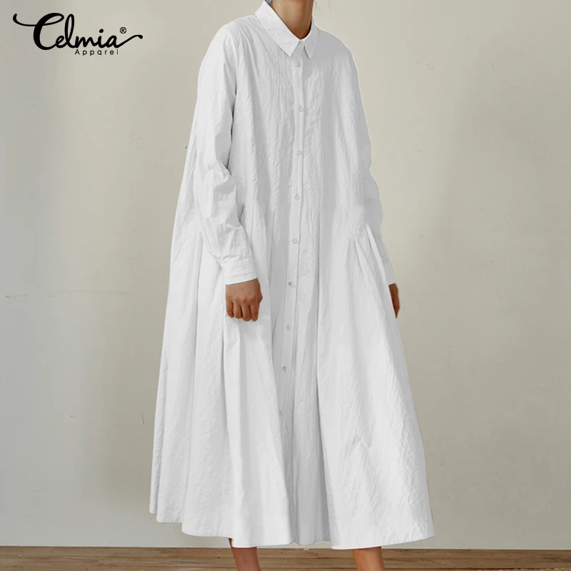 

2019 Autumn Celmia Women Shirt Dress Casual Long Sleeve Stand Collar Button Loose Dress Plus Size Solid Pockets Maxi Vestidos