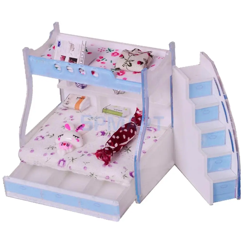 1/12 Dollhouse Miniature Children Bedroom Furniture Bunk Bed Double Bunk with Accessories Sky Blue Color