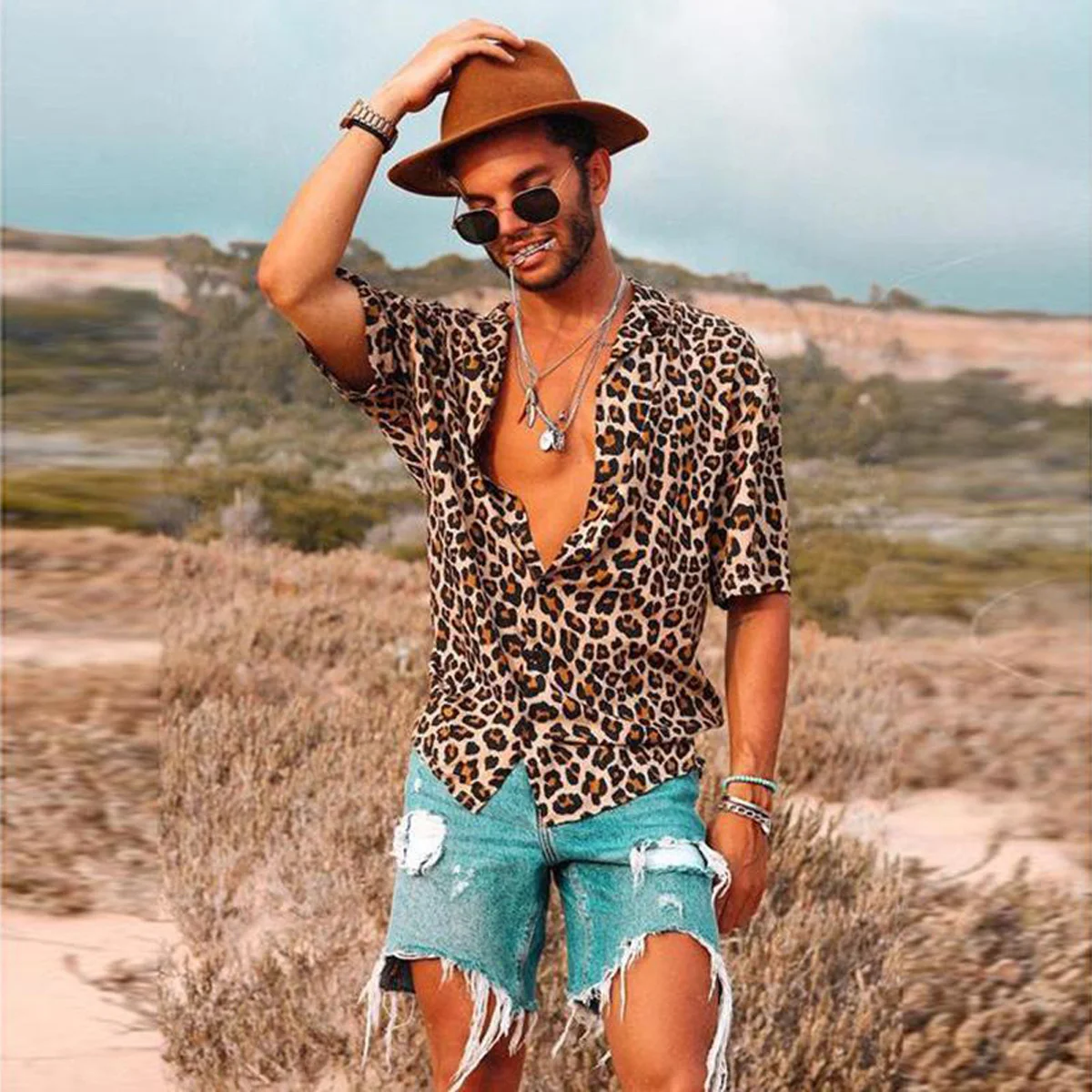 mens short sleeve leopard print shirt
