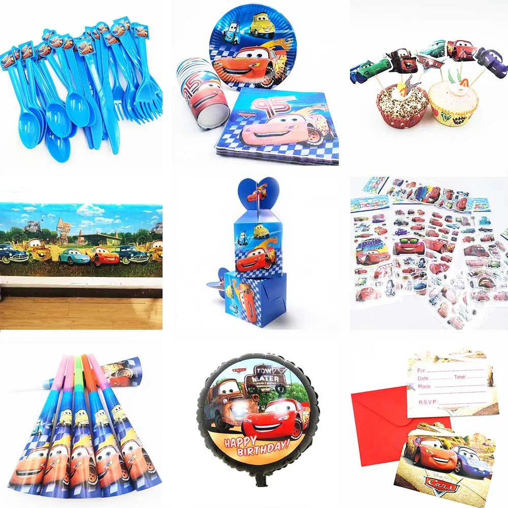 

Disney Cars McQueen Kids Birthday Party Decoration Set Cars-plex Party Supplies Cup Plate Banner Hat Straw Loot Bag Straws