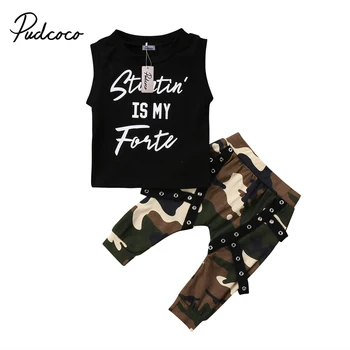 

Pudcoco US Stock Toddler Kids Baby Boys Clothing Set Letter Sleeves T-shirt Tops Vest +Camouflage Pants 2Pcs Outfits Set Clothes