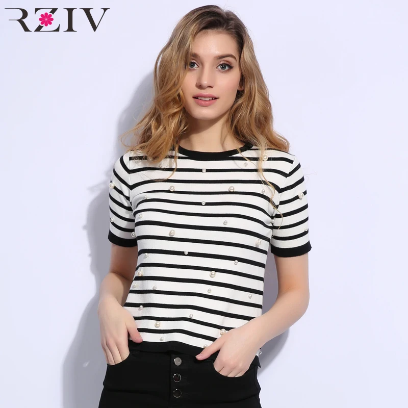 

RZIV Women T-shirt beading decoration casual striped knit T-shirt