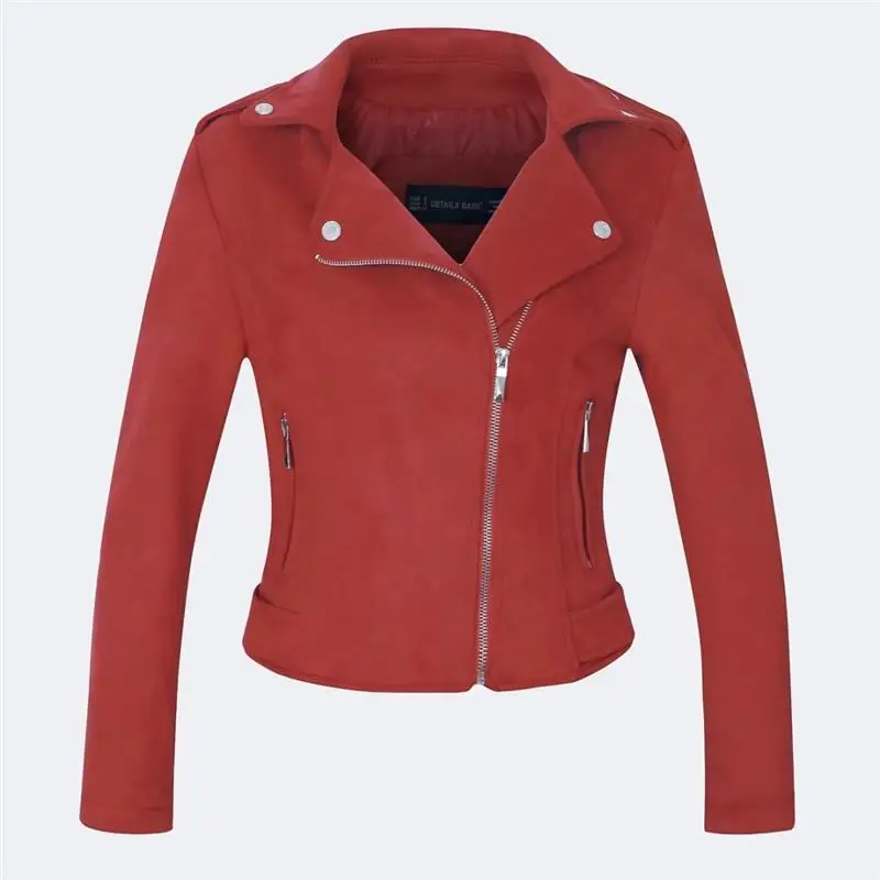 Women Autumn Winter Suede Faux Leather Jackets Lady Fashion Matte Motorcycle Coat Biker Red Black Green Zipper Outerwear