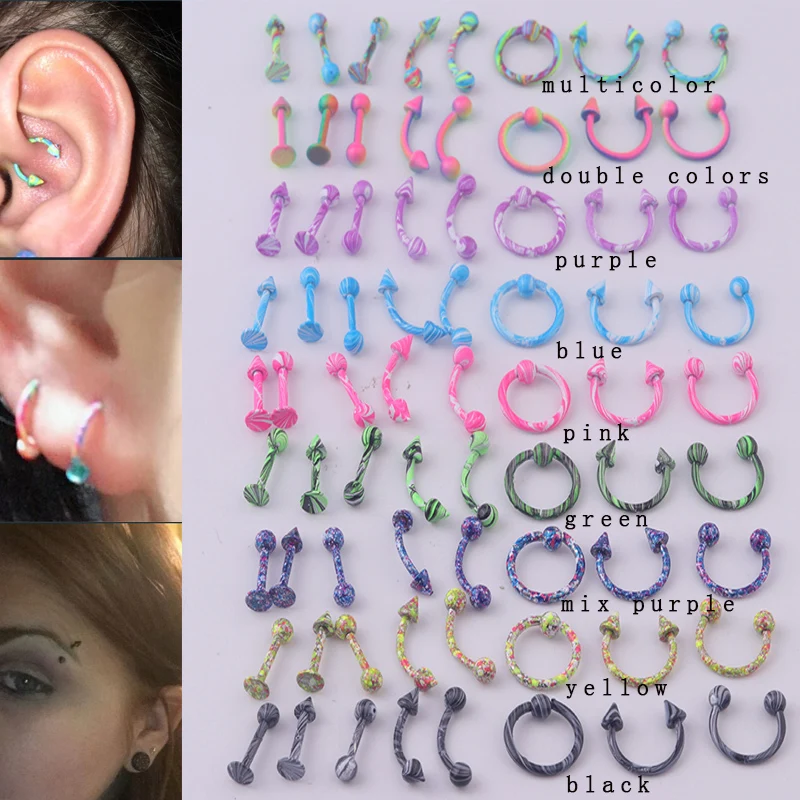 

Sellsets New 8 Pcs/Lot Multicolor Color Pattern Stainless Steel Eyebrow Nose Rings Sexy Daith Nipple Body Piercing Jewelry