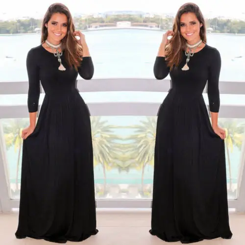 Новое Женское однотонное длинное платье макси с длинным рукавом вечернее платье с длинным рукавом черное