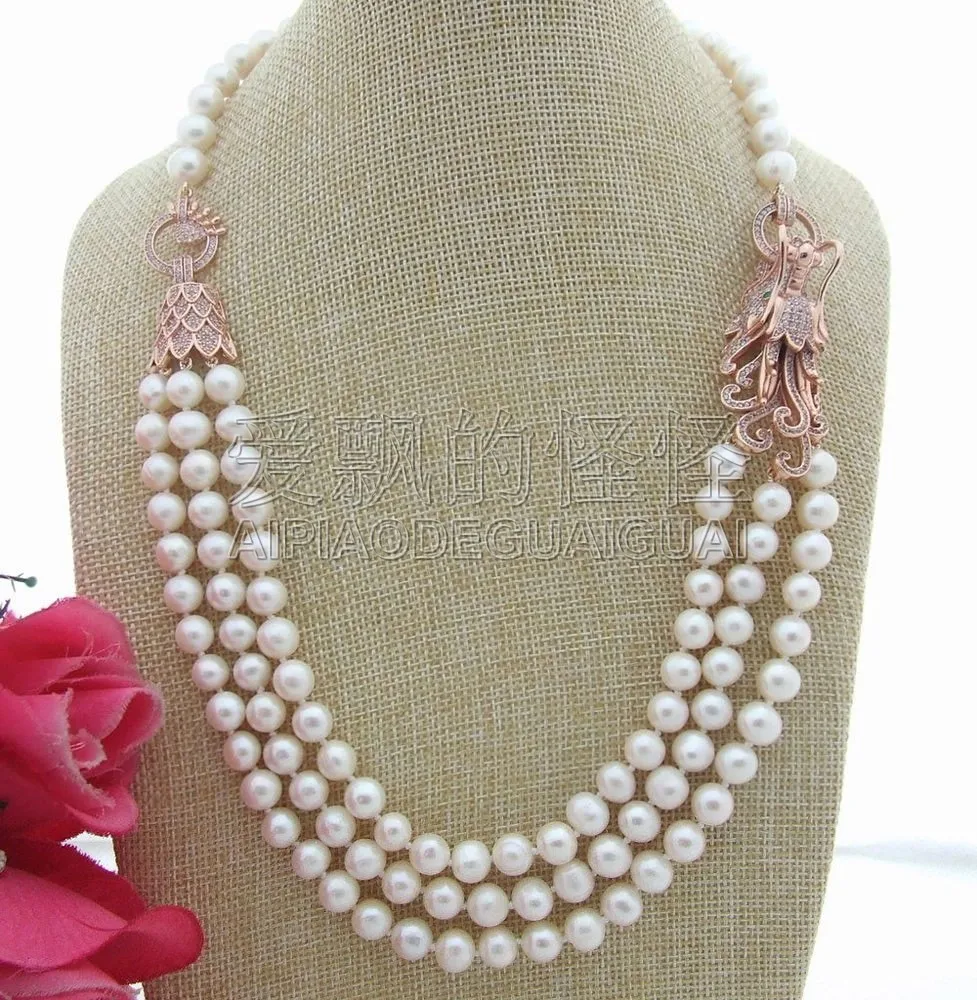 N042909 21" 3Strands White Pearl Necklace CZ Connectorin Chain